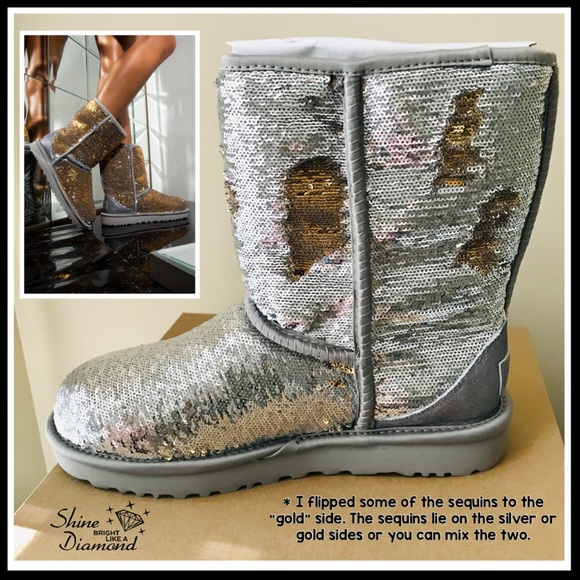 UGG Classic Short Cosmo Sequin Silver & Gold Boots - Picture 2 of 13